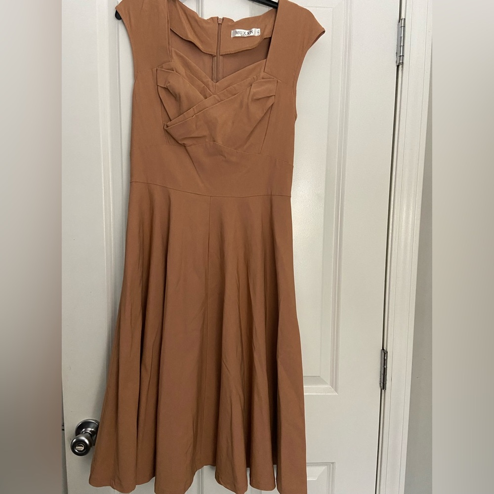 Brown Strapless Pleated Fit and Flare Dress